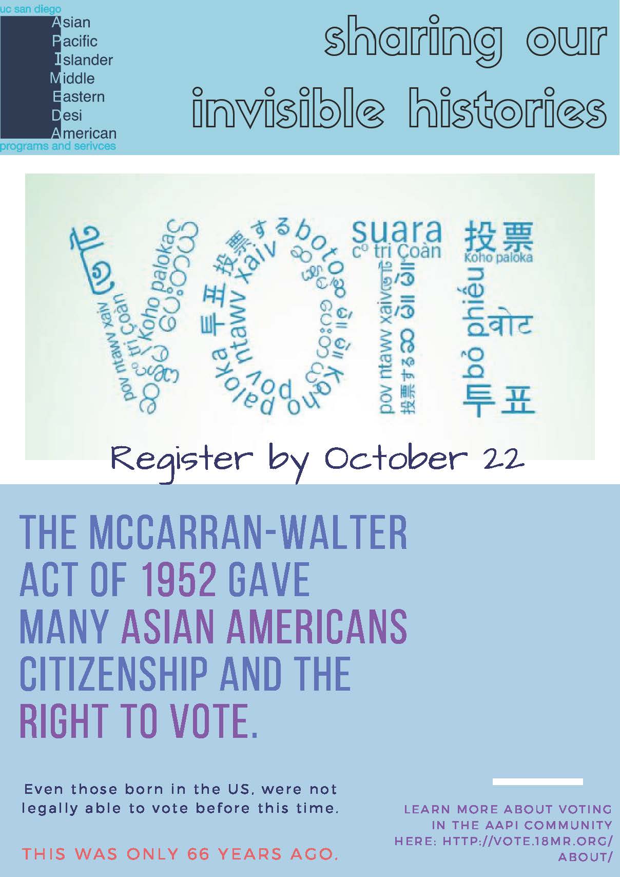 Flyer about the McCarren-Walter Act with the word 'vote' spelled out in different languages